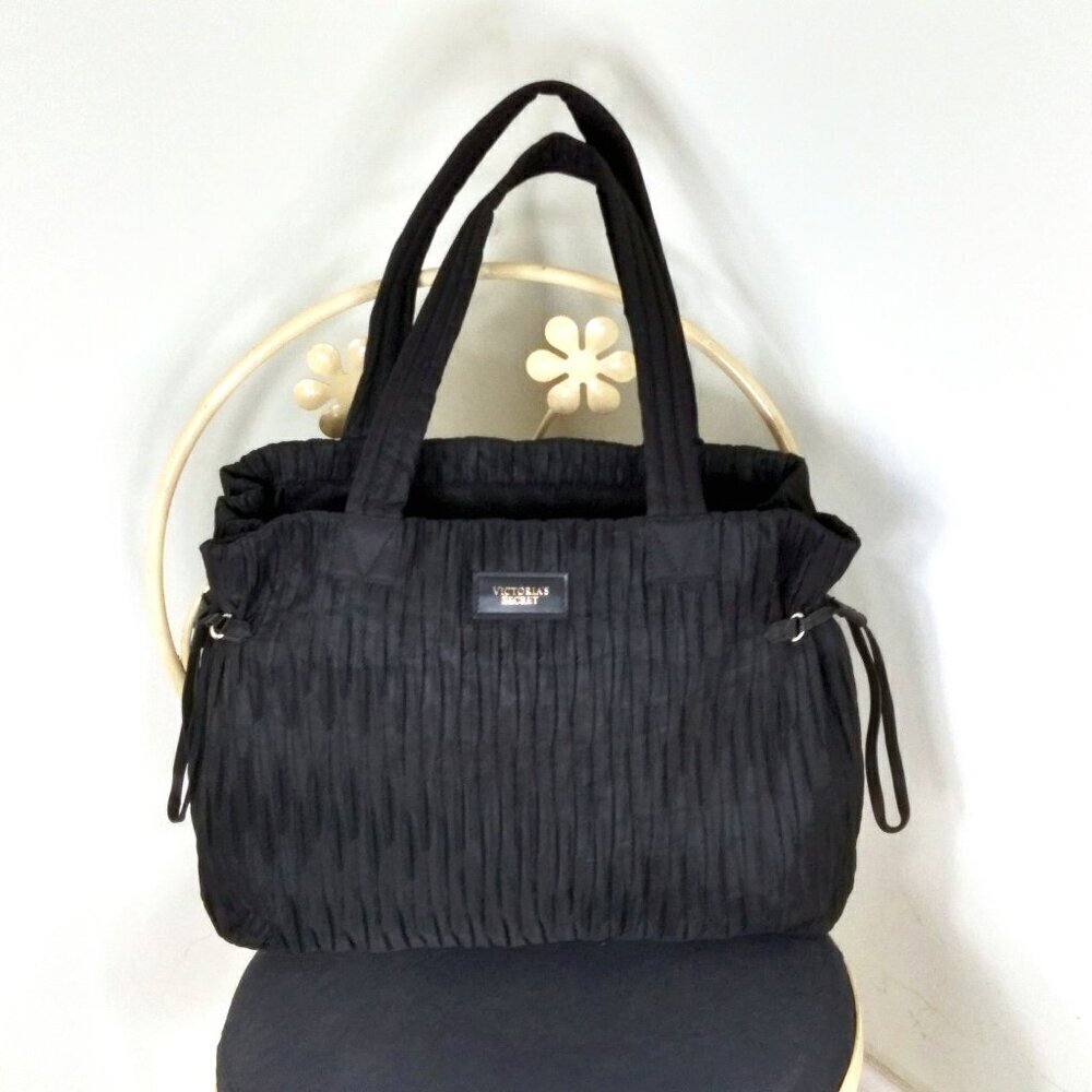 Victoria's Secret Elegant Black Satin Pleated Zip & Cinched Overnight Tote NWOT